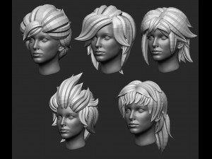 20 Female anime cartoon character hair styles and hairdoo low poly IMM brush set for Zbrush fbx obj 3D Model