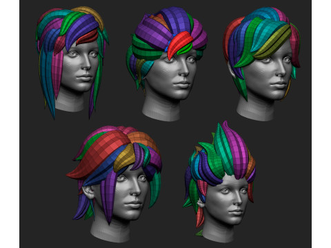 20 Female anime cartoon character hair styles and hairdoo low poly IMM brush set for Zbrush fbx obj 3D Model