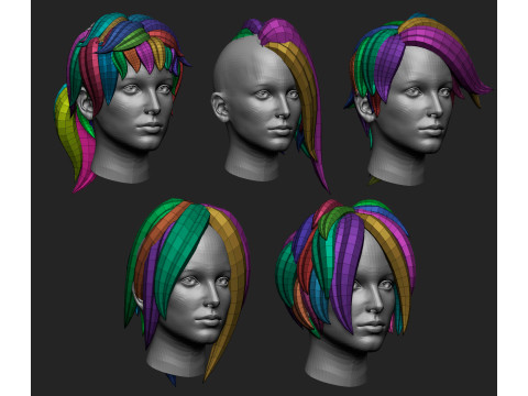 20 Female anime cartoon character hair styles and hairdoo low poly IMM brush set for Zbrush fbx obj 3D Model