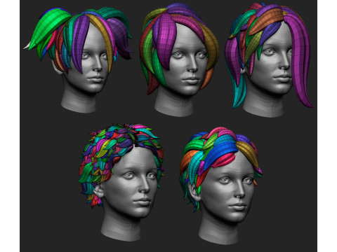 20 Female anime cartoon character hair styles and hairdoo low poly IMM brush set for Zbrush fbx obj 3D Model