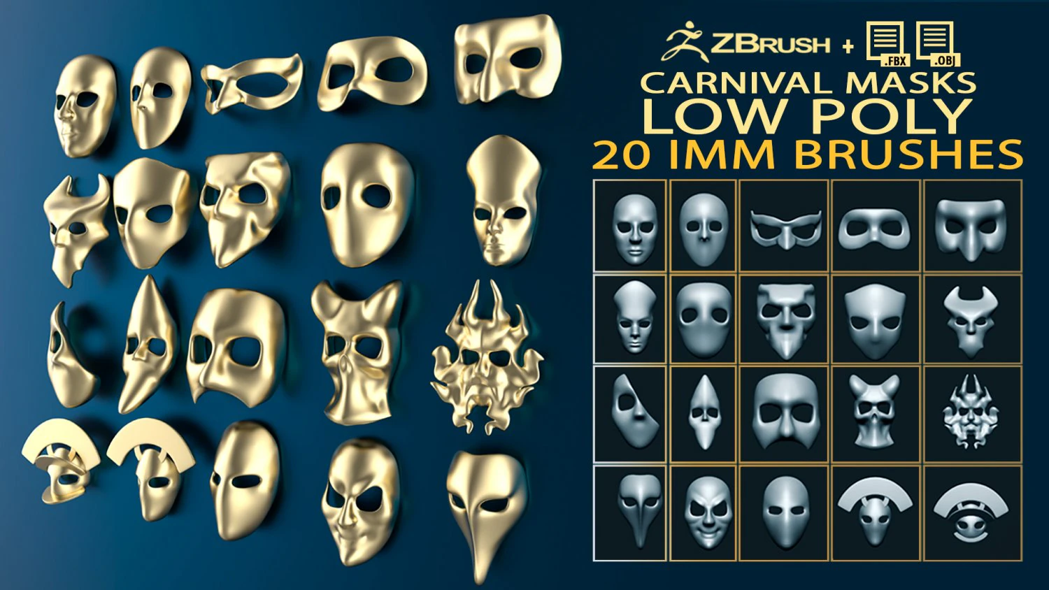 20 conjunto de pinc&eacute;is Zbrush IMM de malha baixa de m&aacute;scara de carnaval ou teatro Modelo 3D .c4d .max .obj .3ds .fbx .stl .blend 