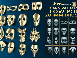 20 Carnival or theater mask base mesh low poly Zbrush IMM brush set 3D Model