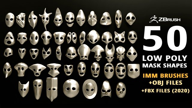 50 low poly mask shapes and base meshes IMM brush set for Zbrush OBJ and FBX 2020 version files 3D-Modell .c4d .max .obj .3ds .fbx .stl .blend 