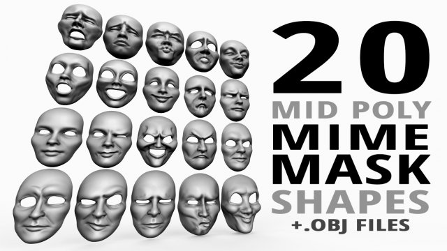 20 mime and facial expression masks IMM zbrush set obj files Modello 3D .c4d .max .obj .3ds .fbx .stl .blend 
