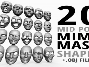 20 mime and facial expression masks IMM zbrush set obj files 3D Model