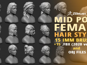 15 Female greek or roman statue hair styles and hairdoo mid-poly IMM brush set for Zbrush fbx obj 3D Model