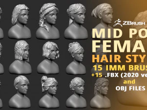 15 estilos de cabelo femininos de est&aacute;tua grega ou romana e penteado mid-poly conjunto de escova IMM para Zbrush fbx obj Modelo 3D