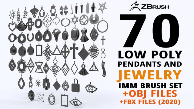 70 Low poly jewelry pendant shapes and forms IMM brush set for Zbrush Obj and Fbx files Model 3D .c4d .max .obj .3ds .fbx .stl .blend 