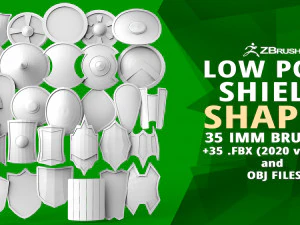 30 個のローポリ中世ファンタジー シールド ベース メッシュ形状 IMM と 5 個のストラップ形状 Zbrush セットと FBX オブジェクト 3Dモデル