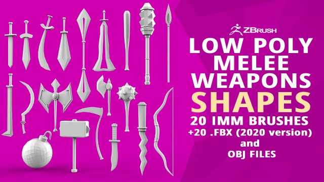 20 Low-poly medieval fantasy melee weapon base mesh shapes IMM shapes Zbrush set and fbx obj files 3D मॉडल .c4d .max .obj .3ds .fbx .stl .blend 