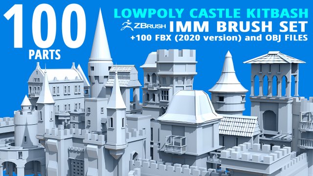 100 Low-poly medieval fantasy castle and fortress kitbash IMM Zbrush brush set obj and fbx files 3Dモデル .c4d .max .obj .3ds .fbx .stl .blend 