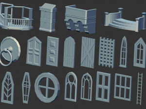 100 Low-poly medieval fantasy castle and fortress kitbash IMM Zbrush brush set obj and fbx files 3Dモデル