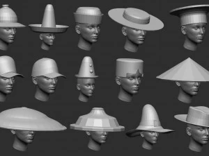 60 Low-poly hat and headwear base mesh shapes IMM shapes Zbrush set and fbx obj files 3D Model