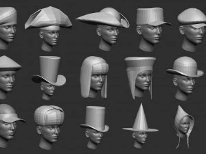 60 Low-poly hat and headwear base mesh shapes IMM shapes Zbrush set and fbx obj files 3D Model