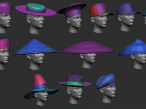 60 Low-poly hat and headwear base mesh shapes IMM shapes Zbrush set and fbx obj files 3D-Modell