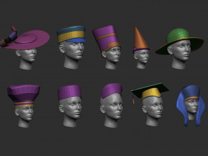 60 Low-poly hat and headwear base mesh shapes IMM shapes Zbrush set and fbx obj files 3D-Modell