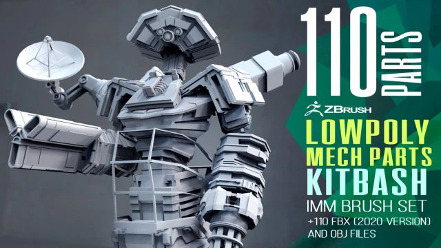110 Robot mech fantascientifico futuristico a basso numero di poligoni o forme e parti di armi kitbash Set di pennelli IMM Zbrush Modello 3D .c4d .max .obj .3ds .fbx .stl .blend