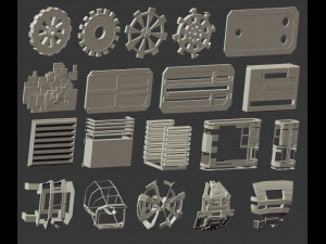 110 Low-poly futuristic sci-fi mech robot or weapon shapes and parts kitbash IMM Zbrush brush set Modelo 3D