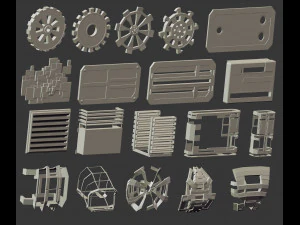 110 Robot mech fantascientifico futuristico a basso numero di poligoni o forme e parti di armi kitbash Set di pennelli IMM Zbrush Modello 3D