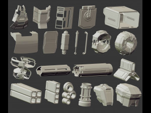 110 Low-poly futuristic sci-fi mech robot or weapon shapes and parts kitbash IMM Zbrush brush set Modelo 3D