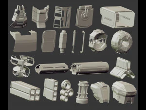 110 Robot mech fantascientifico futuristico a basso numero di poligoni o forme e parti di armi kitbash Set di pennelli IMM Zbrush Modello 3D