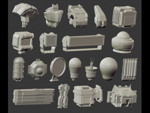 110 Low-poly futuristic sci-fi mech robot or weapon shapes and parts kitbash IMM Zbrush brush set Modelo 3D