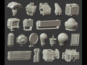 110 Robot mech fantascientifico futuristico a basso numero di poligoni o forme e parti di armi kitbash Set di pennelli IMM Zbrush Modello 3D