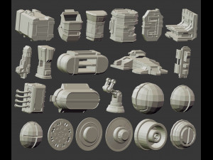 110 Low-poly futuristic sci-fi mech robot or weapon shapes and parts kitbash IMM Zbrush brush set Modelo 3D