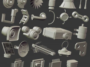 110 Robot mech fantascientifico futuristico a basso numero di poligoni o forme e parti di armi kitbash Set di pennelli IMM Zbrush Modello 3D