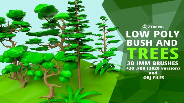 30 Low poly tree and bush base mesh shapes IMM brush set for Zbrush FBX and OBJ files Model 3D .c4d .max .obj .3ds .fbx .stl .blend 