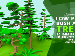 30 Low poly tree and bush base mesh shapes IMM brush set for Zbrush FBX and OBJ files 3D Model