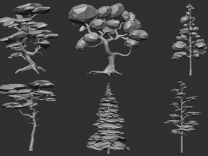 30 Low poly tree and bush base mesh shapes IMM brush set for Zbrush FBX and OBJ files Model 3D
