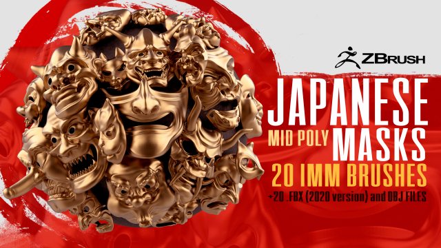 20 Mid-poly japanese traditional theatrical masks base mesh IMM brush set for Zbrush FBX and OBJ 3Dモデル .c4d .max .obj .3ds .fbx .stl .blend 