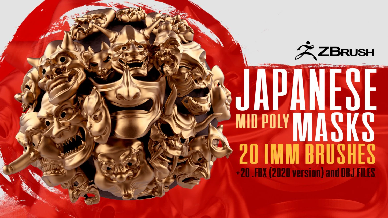20 Mid-poly japanese traditional theatrical masks base mesh IMM brush set for Zbrush FBX and OBJ 3D Model .c4d .max .obj .3ds .fbx .stl .blend