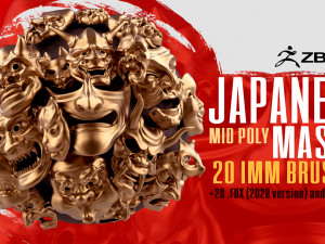 20 Mid-poly japanese traditional theatrical masks base mesh IMM brush set for Zbrush FBX and OBJ 3D Model