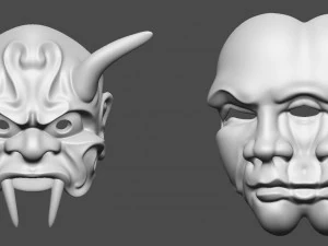 20 Mid-poly japanese traditional theatrical masks base mesh IMM brush set for Zbrush FBX and OBJ 3D Model