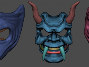 20 Mid-poly japanese traditional theatrical masks base mesh IMM brush set for Zbrush FBX and OBJ 3Dモデル