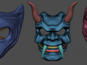 20 Mid-poly japanese traditional theatrical masks base mesh IMM brush set for Zbrush FBX and OBJ 3D Model