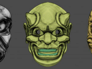 20 Mid-poly japanese traditional theatrical masks base mesh IMM brush set for Zbrush FBX and OBJ 3D Model