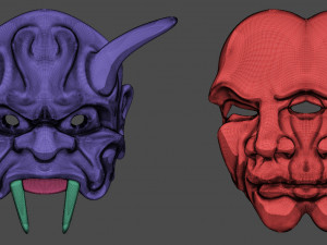 20 Mid-poly japanese traditional theatrical masks base mesh IMM brush set for Zbrush FBX and OBJ 3Dモデル