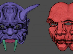 20 Mid-poly japanese traditional theatrical masks base mesh IMM brush set for Zbrush FBX and OBJ 3D Model