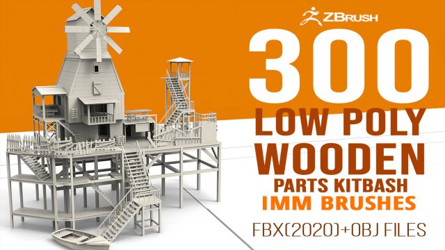 300 Low-poly wooden shed house farm or cabin parts kitbash IMM Zbrush brush set obj and fbx Modèle 3D .c4d .max .obj .3ds .fbx .stl .blend 