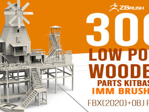 300 Low-poly wooden shed house farm or cabin parts kitbash IMM Zbrush brush set obj and fbx 3D Model