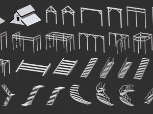 300 Low-poly wooden shed house farm or cabin parts kitbash IMM Zbrush brush set obj and fbx Modèle 3D