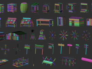 300 Low-Poly-Holzschuppen, Haus, Bauernhof oder H&uuml;tte, Teile-Kitbash IMM Zbrush-Pinselset obj und fbx 3D Modell