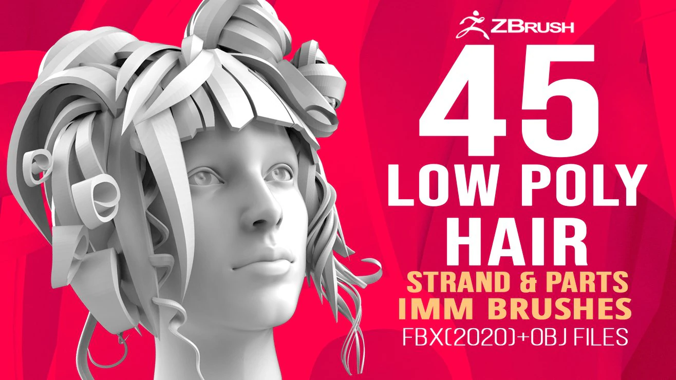 45 Female cartoon character hair strand and parts low poly IMM brush set for Zbrush fbx and obj 3D Model .c4d .max .obj .3ds .fbx .stl .blend