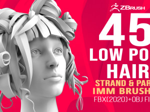 45 Female cartoon character hair strand and parts low poly IMM brush set for Zbrush fbx and obj 3D Model