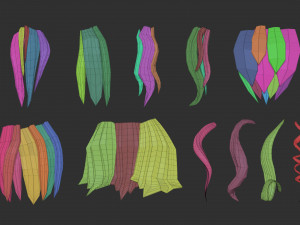 45 Female cartoon character hair strand and parts low poly IMM brush set for Zbrush fbx and obj Model 3D