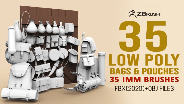 35 Low poly bags backpacks and pouches base mesh IMM brush set for Zbrush FBX and OBJ files 3D-Modell .c4d .max .obj .3ds .fbx .stl .blend 