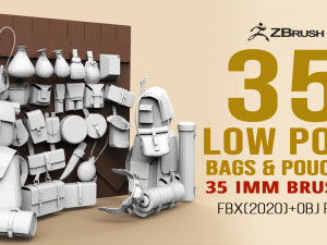 35 Low poly bags backpacks and pouches base mesh IMM brush set for Zbrush FBX and OBJ files 3D Model